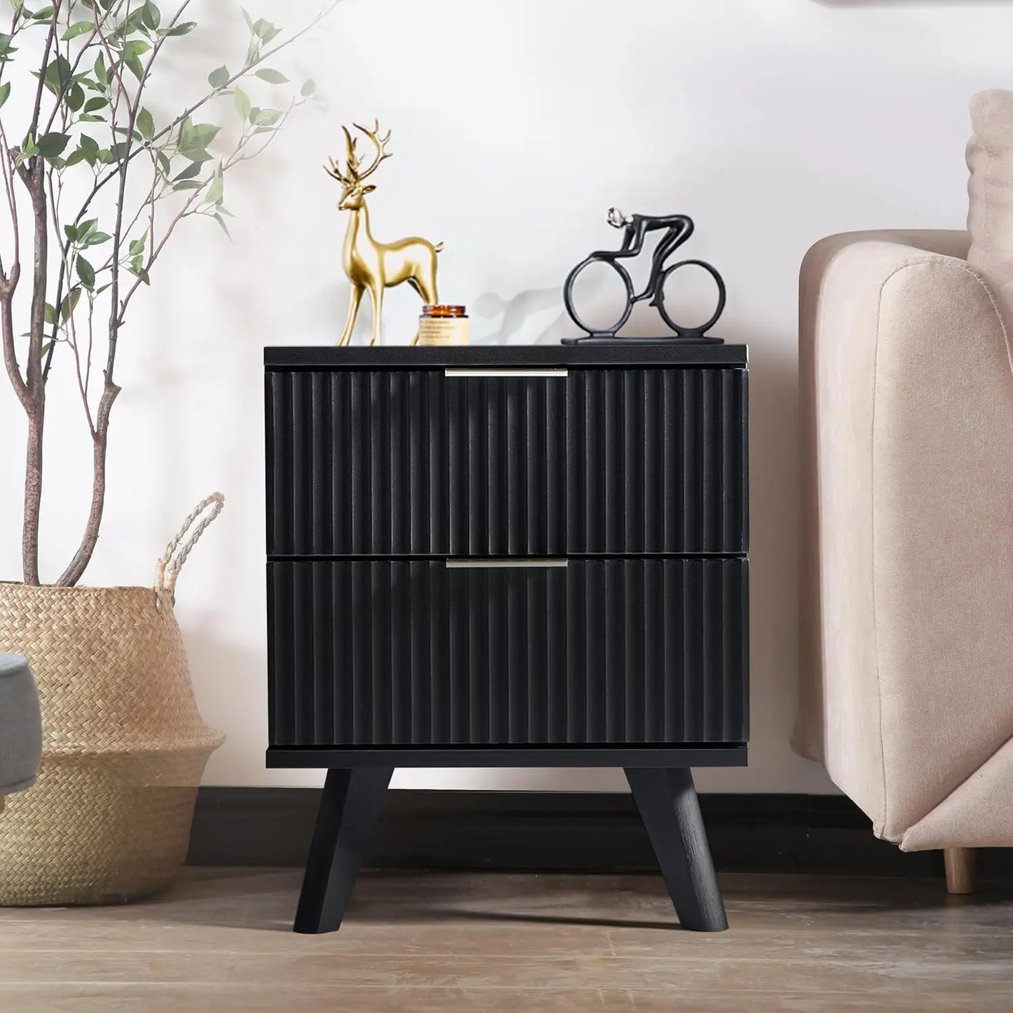 Drawer Fluted Nightstands Mid Century Modern Bedroom Table