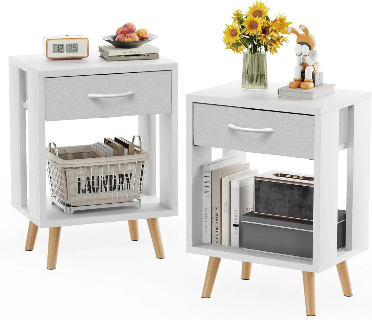 Drawer Nightstand Set Of 2 With Fabric Drawers And Shelves