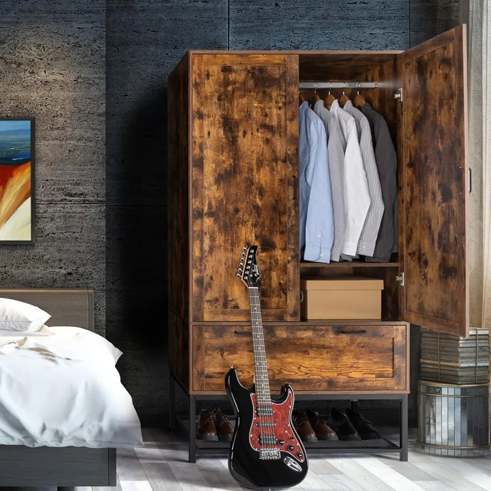 Ticify Freestanding Armoire Wardrobe Closet With Hanging Rod