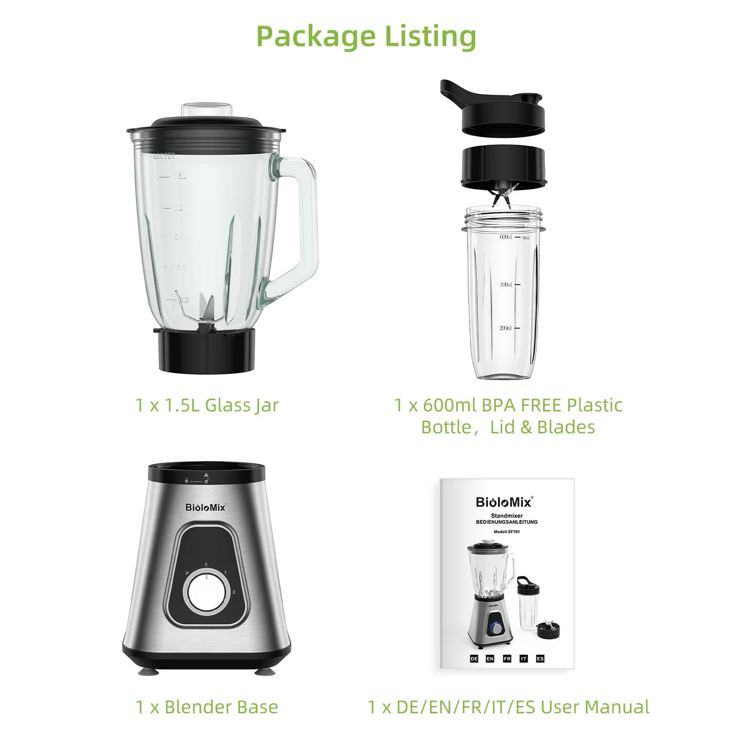 BioloMix 1300W Blender With Glass Jar For Smoothies Daily