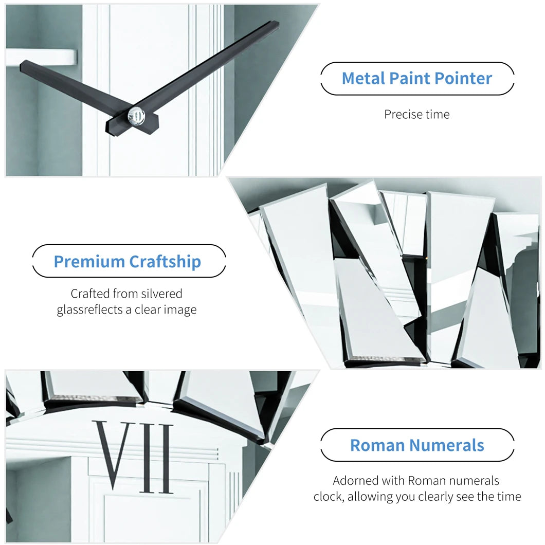 Combination Wall Clock 3D Mirrored Sunburst Roman Modern