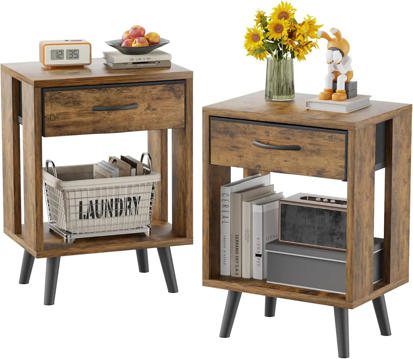 Drawer Nightstand Set Of 2 With Fabric Drawers And Shelves