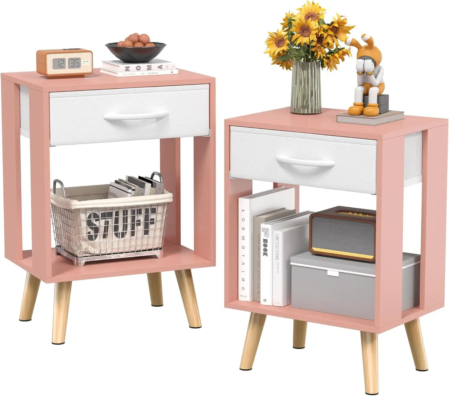 Drawer Nightstand Set Of 2 With Fabric Drawers And Shelves