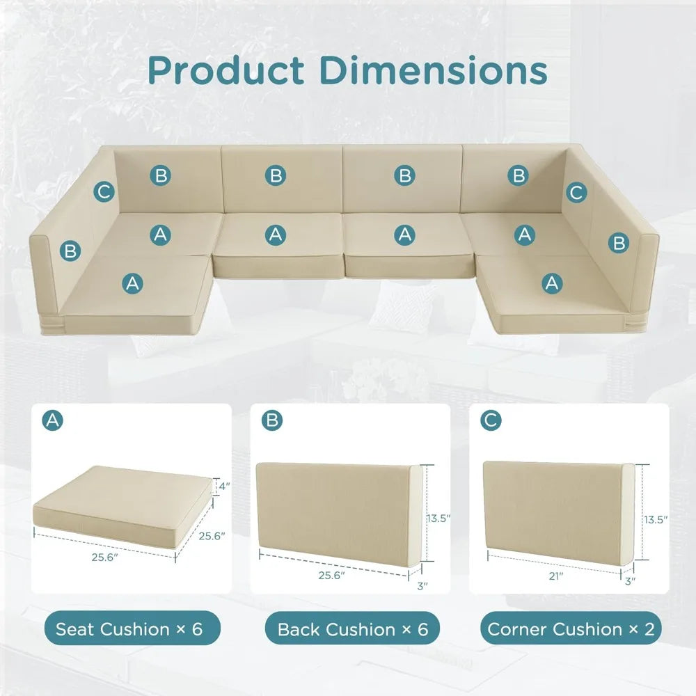 Outdoor Patio Cushion Set 6 Seat 14 Piece High Density Foam