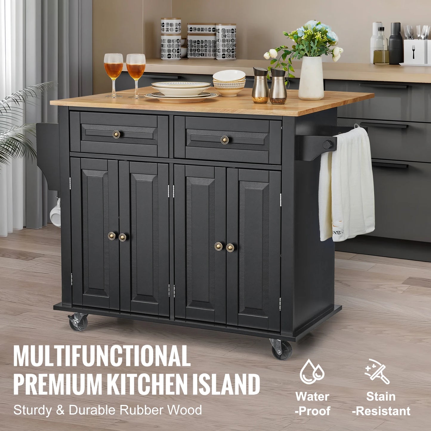 SucceBuy Kitchen Island Cart With Wood Top Storage Cabinet