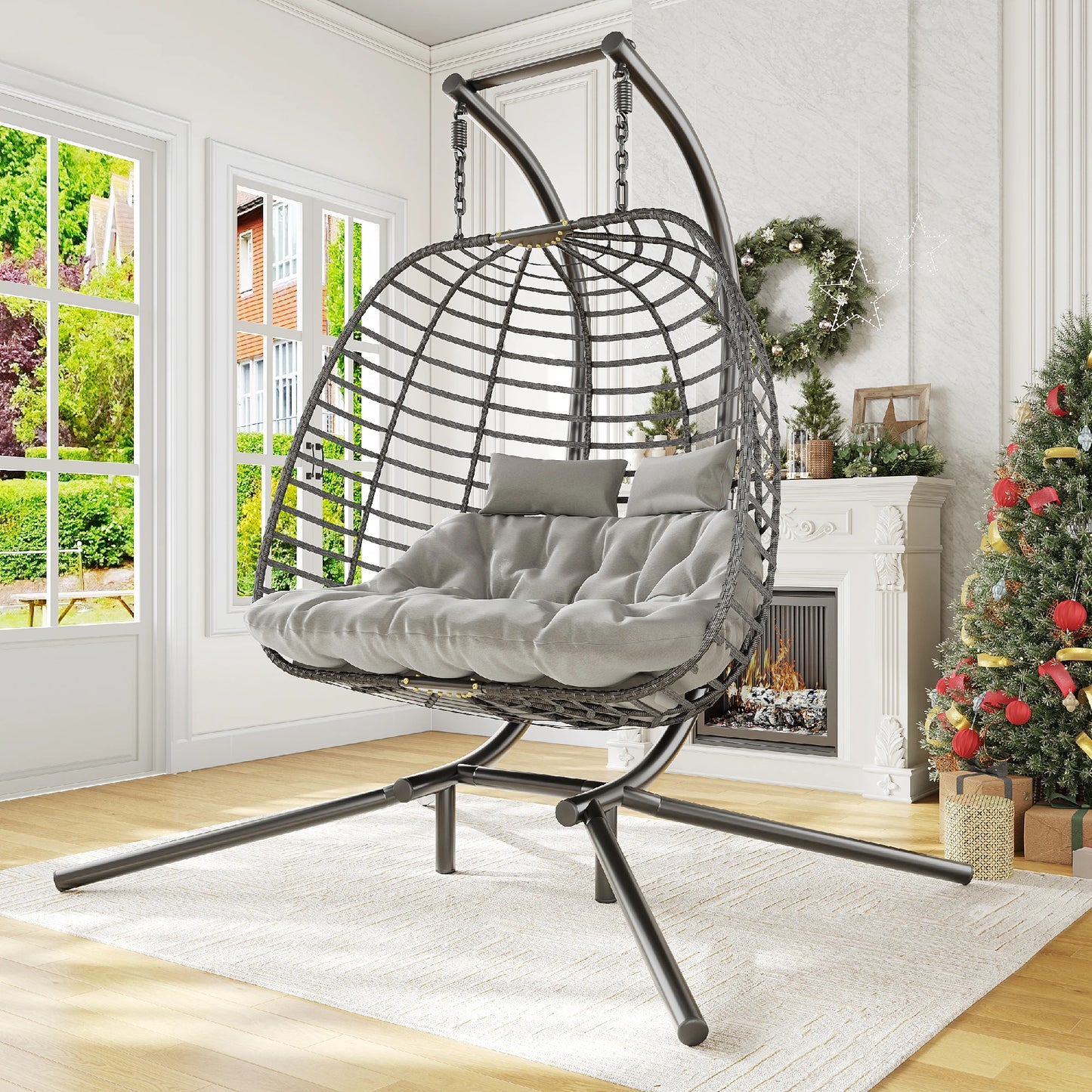 JDPAG Double Hanging Egg Chair With Stand Patio Hammock