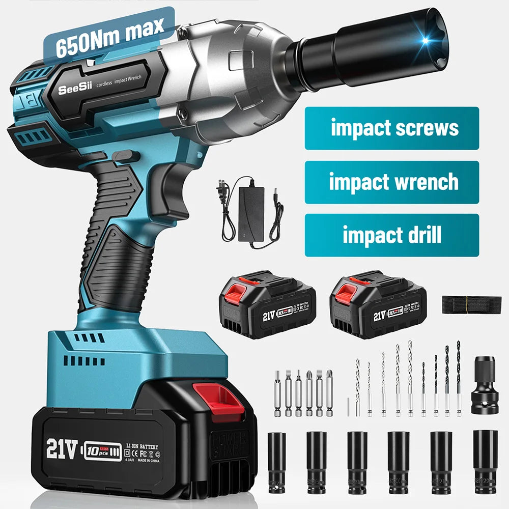 Seesii Cordless Impact Wrench 650 Nm Brushless Socket Set