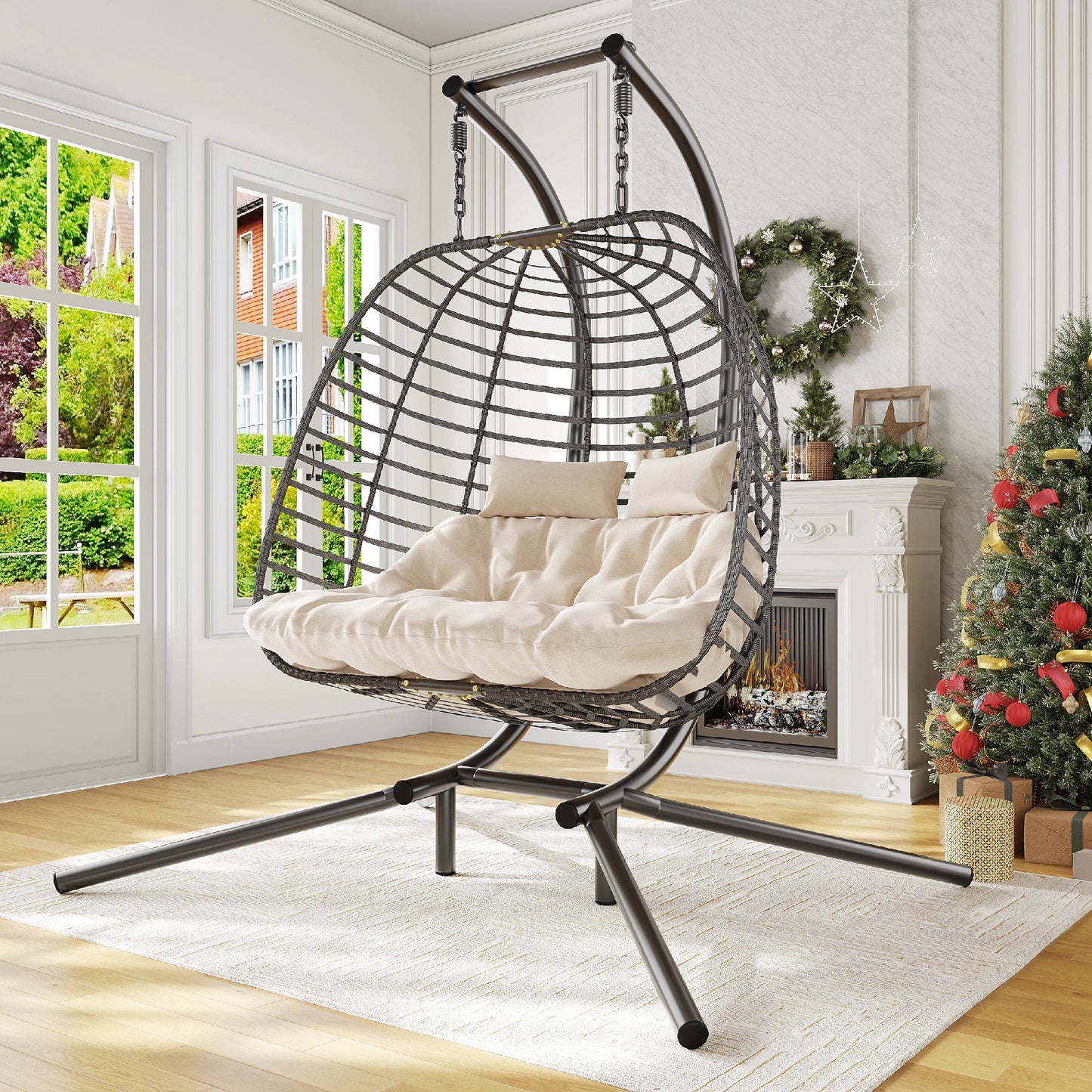 JDPAG Double Hanging Egg Chair With Stand Patio Hammock