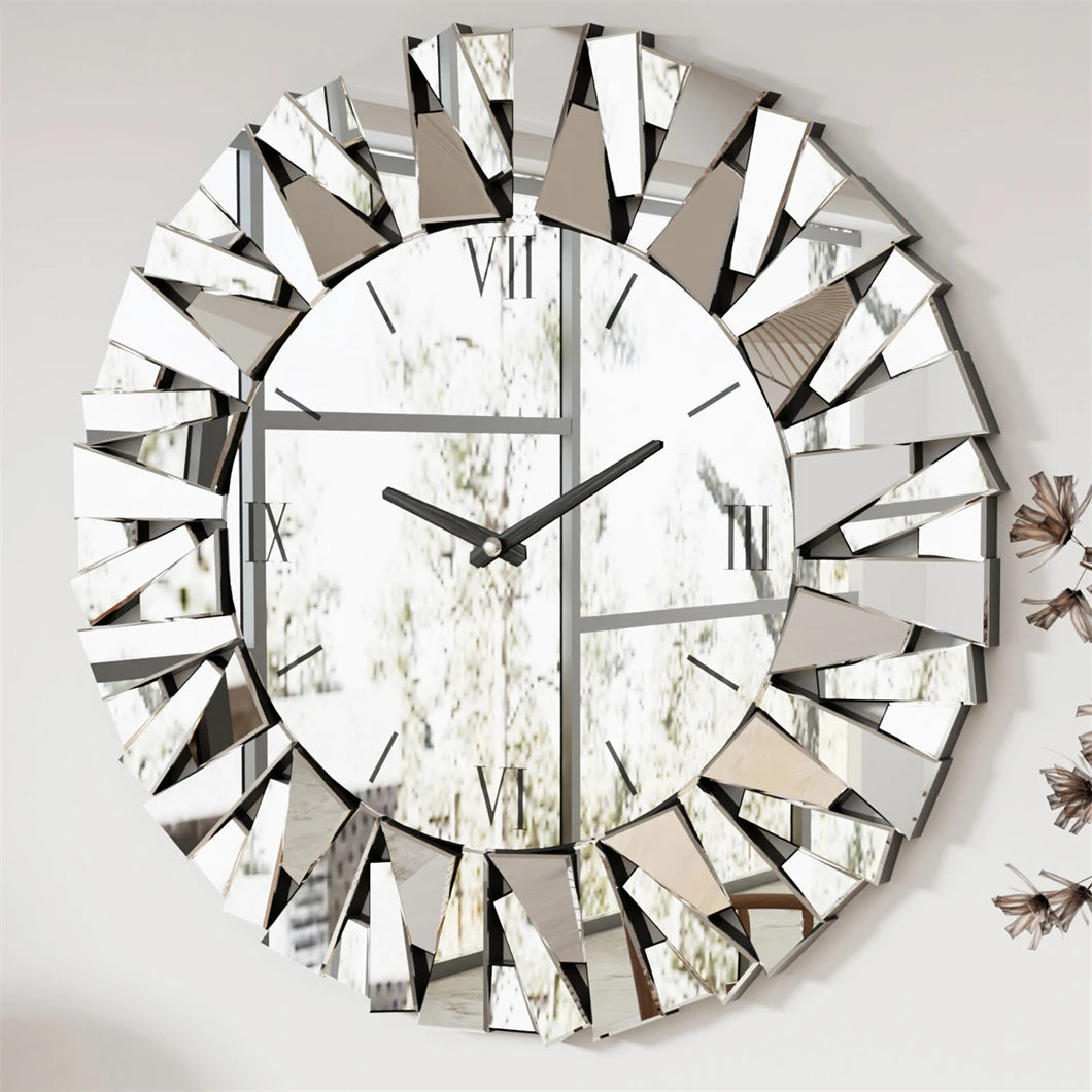 Combination Wall Clock 3D Mirrored Sunburst Roman Modern