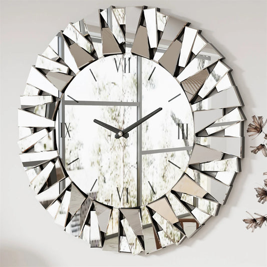 Combination Wall Clock 3D Mirrored Sunburst Roman Modern