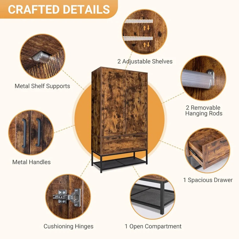 Ticify Freestanding Armoire Wardrobe Closet With Hanging Rod