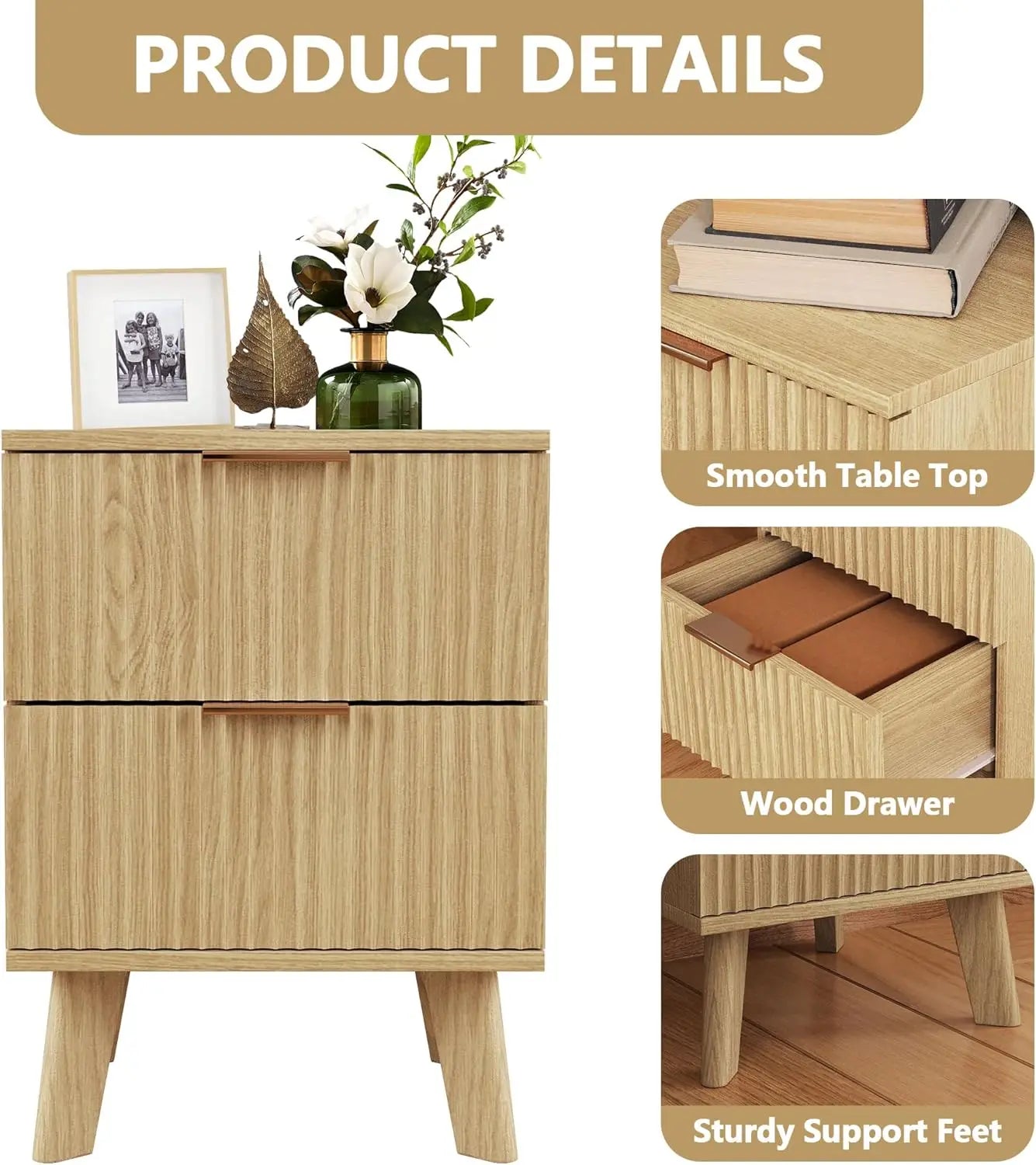 Drawer Fluted Nightstands Mid Century Modern Bedroom Table