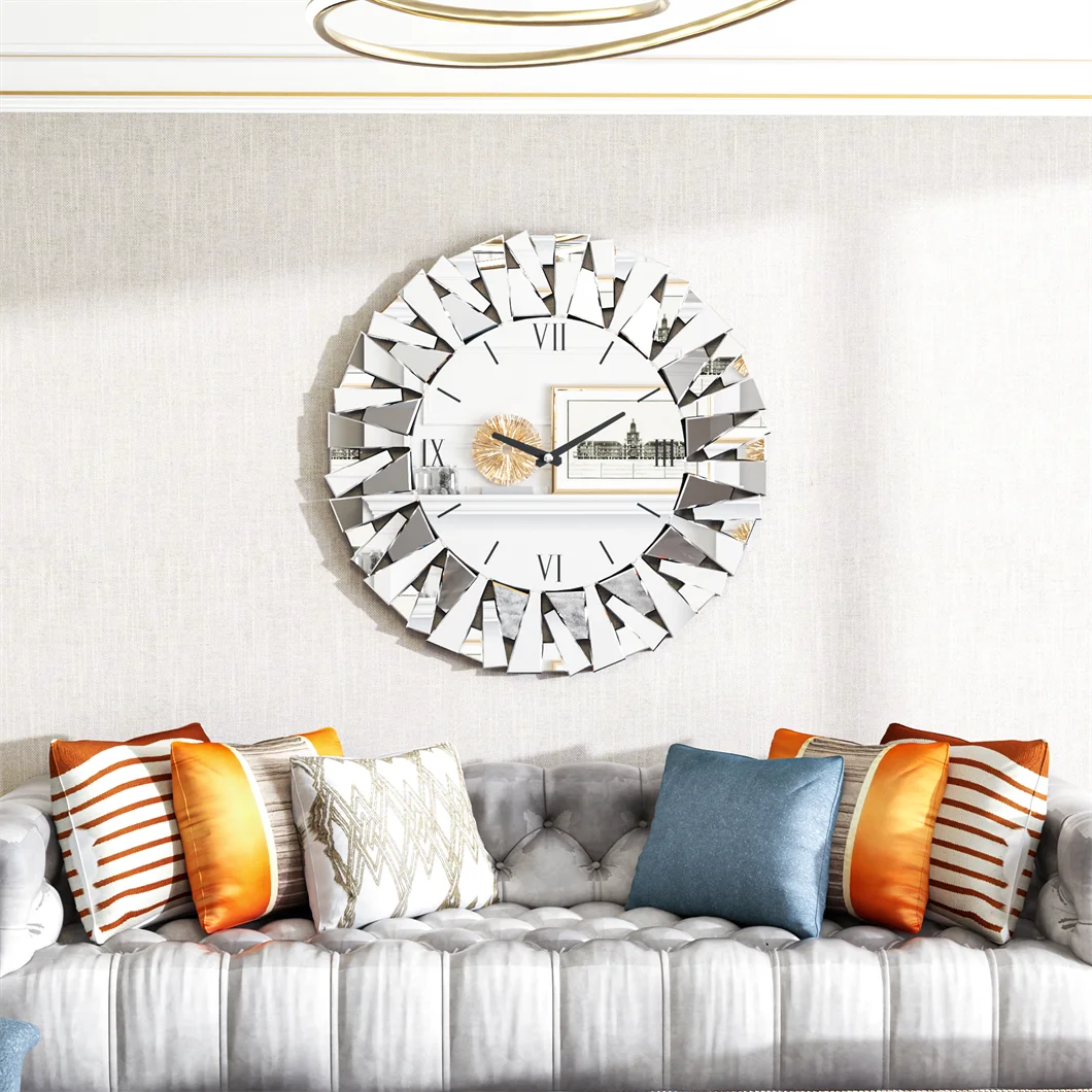 Combination Wall Clock 3D Mirrored Sunburst Roman Modern