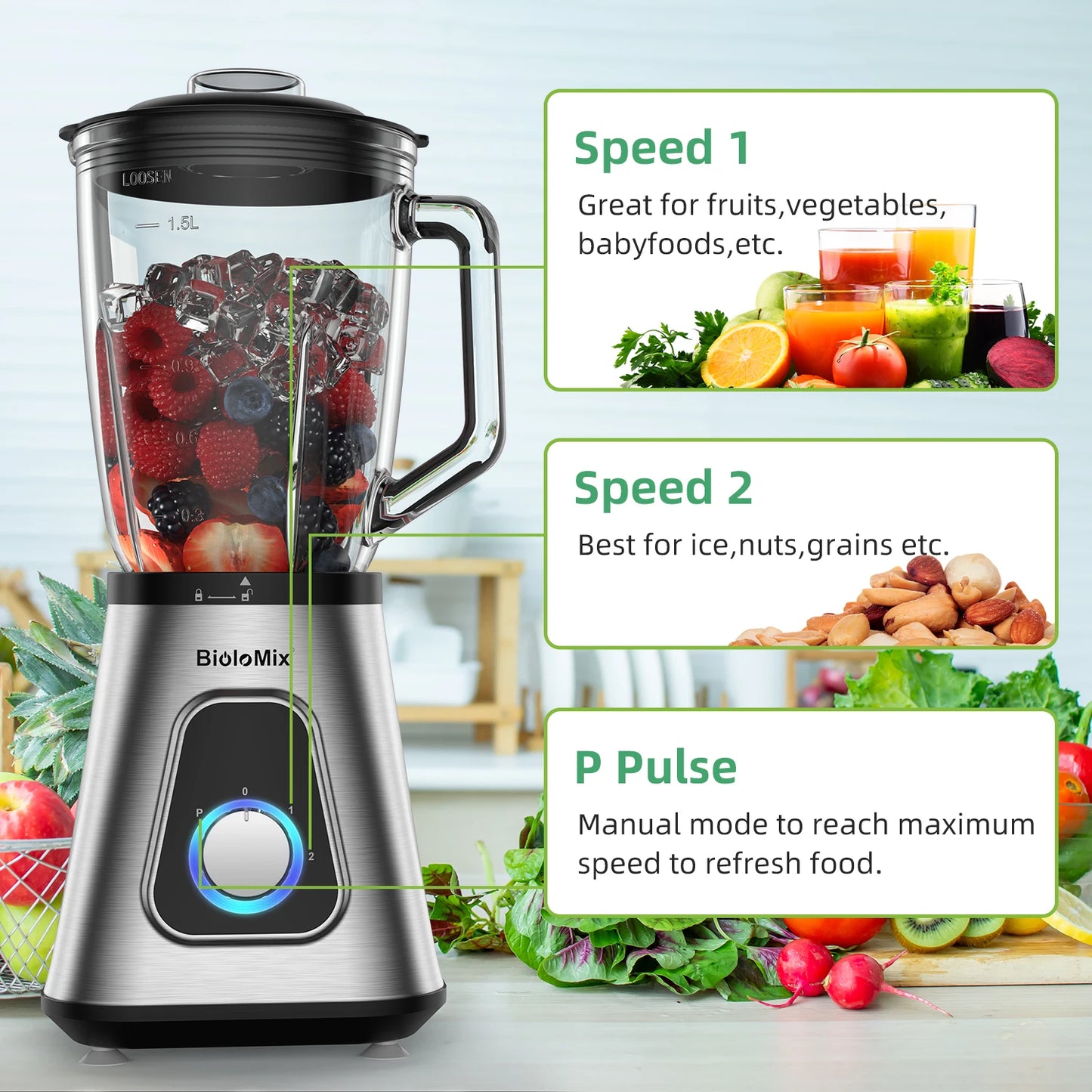 BioloMix 1300W Blender With Glass Jar For Smoothies Daily