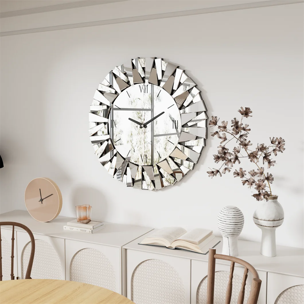 Combination Wall Clock 3D Mirrored Sunburst Roman Modern