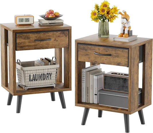 Drawer Nightstand Set Of 2 With Fabric Drawers And Shelves