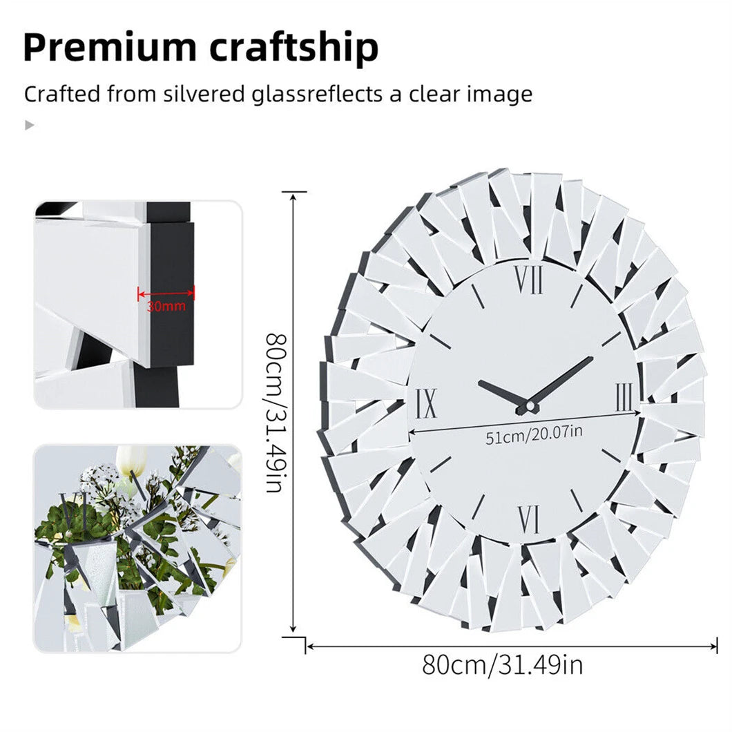 Combination Wall Clock 3D Mirrored Sunburst Roman Modern