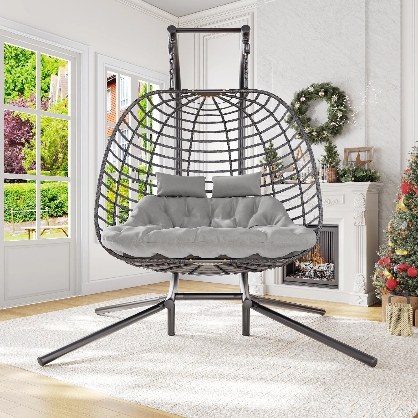 JDPAG Double Hanging Egg Chair With Stand Patio Hammock