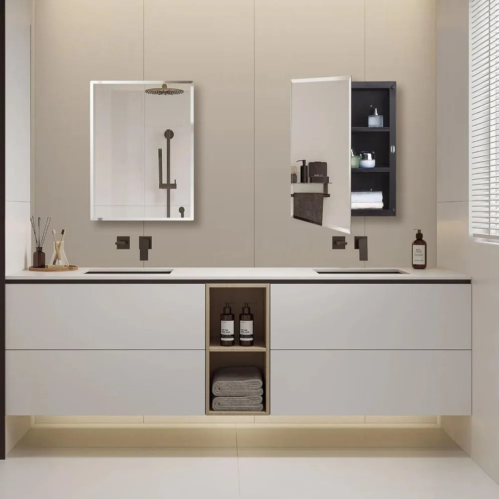 Plastic Bathroom Medicine Mirror Cabinet Beveled Edge Mount