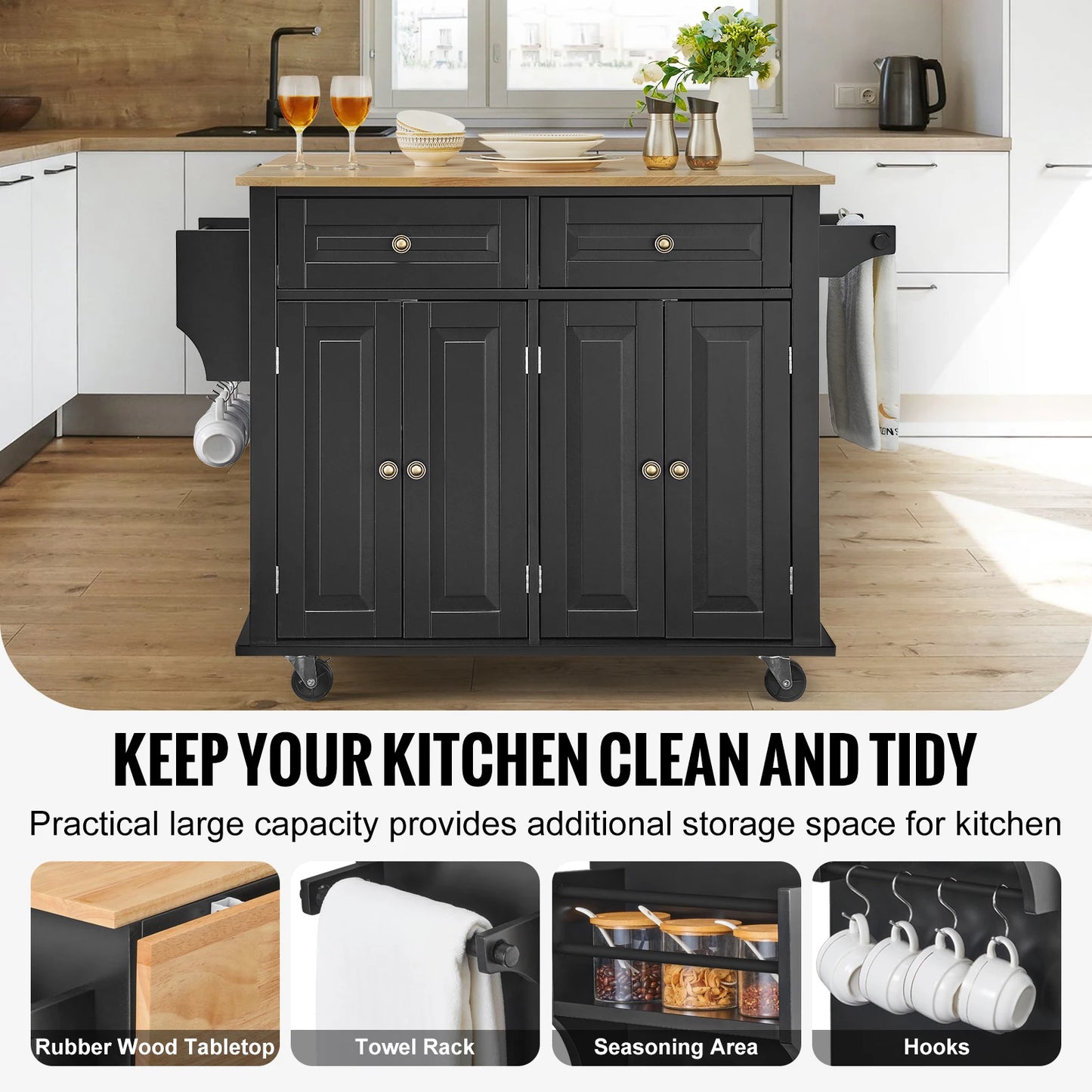 SucceBuy Kitchen Island Cart With Wood Top Storage Cabinet